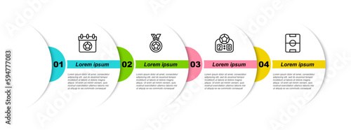 Set line Football or soccer calendar, medal, Sport mechanical scoreboard and field. Business infographic template. Vector