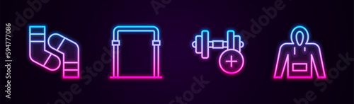 Set line Socks, Sport horizontal bar, Dumbbell and Hoodie. Glowing neon icon. Vector