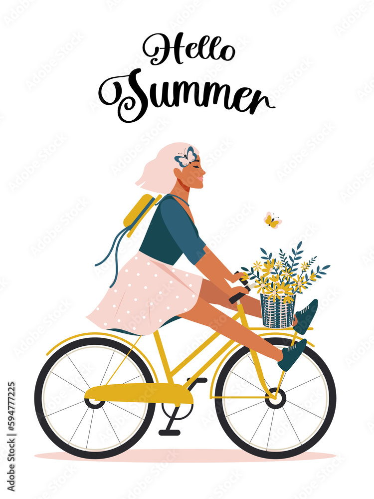 Hello summer. A happy woman rides a bike and enjoys the beginning of summer, improving her physical and mental health with a bouquet of daisies. Positive print on a white background. 