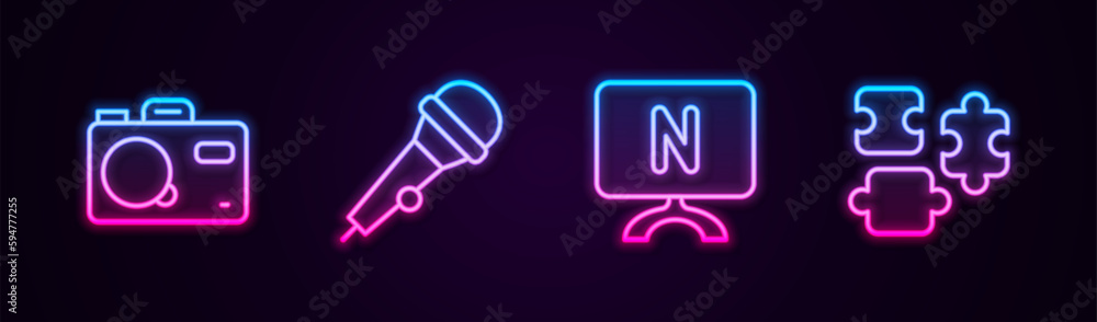 Set line Photo camera, Microphone, Smart Tv and Puzzle pieces toy. Glowing neon icon. Vector Set line Photo camera, Microphone, Smart Tv and Puzzle pieces toy. Glowing neon icon. Vector