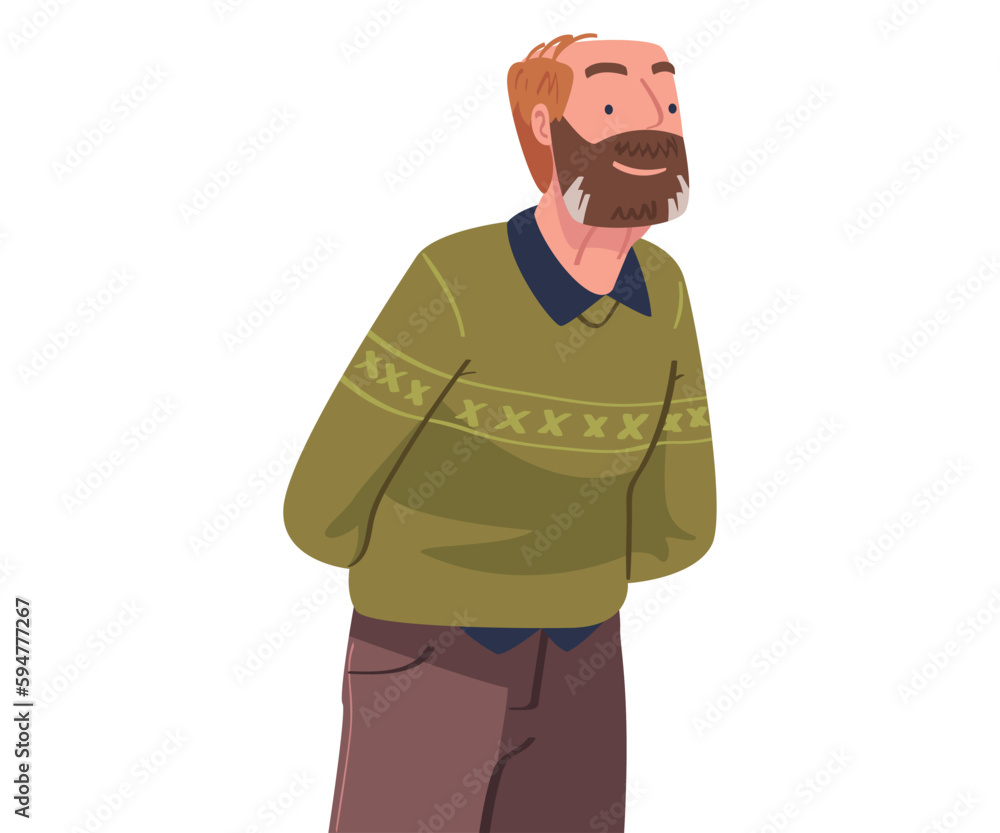 Happy Senior Man with Beard Standing and Smiling Vector Illustration
