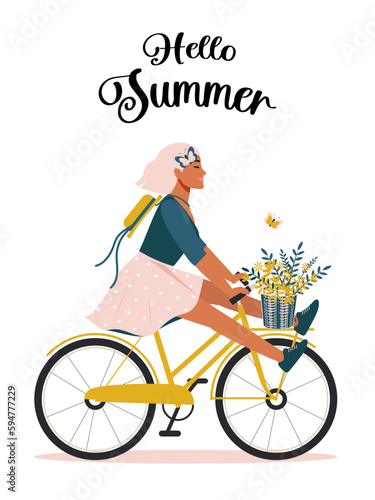 Hello summer. A happy woman rides a bike and enjoys the beginning of summer, improving her physical and mental health with a bouquet of daisies. Positive print on a white background. Vector.