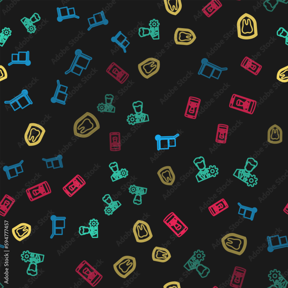 Set line Hand truck and boxes, Profile settings, Dental protection and Smartphone with contact on seamless pattern. Vector Set line Hand truck and boxes, Profile settings, Dental protection and Smartphone with contact on seamless pattern. Vector