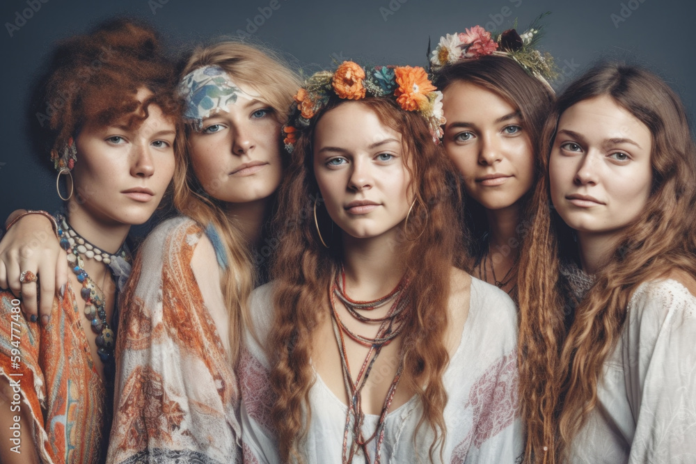 Obraz premium Portrait of a group of young beautiful women, dressed in the hippi clothes, Generative ai