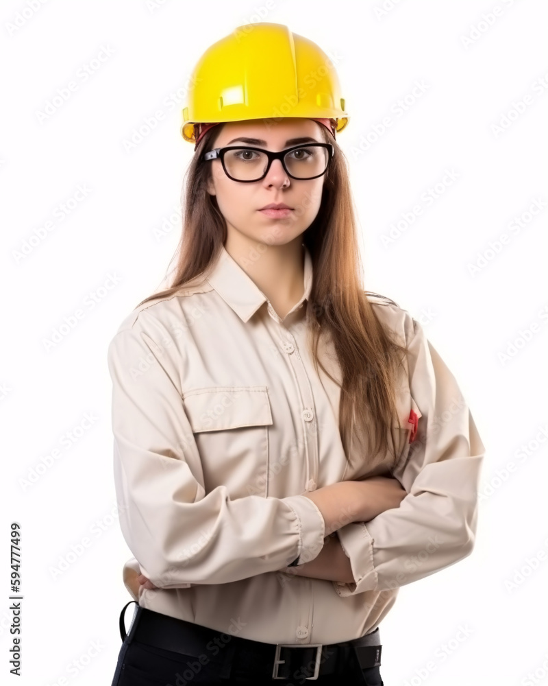 Confident Female Architect in Protective Gear on White Background Confident Female Architect in Protective Gear on White Background