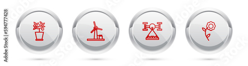 Set line Plant in pot, Wind turbine, Smart farm with drone and Flower. Silver circle button. Vector