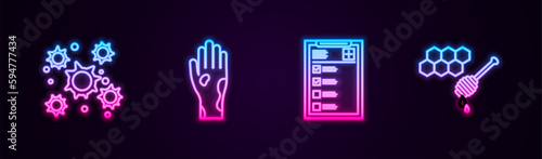 Set line Bacteria, Hand with psoriasis or eczema, Clinical record and Honeycomb honey dipper. Glowing neon icon. Vector