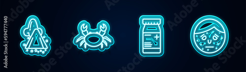 Set line Runny nose, Crab, Medicine bottle and pills and Face with psoriasis or eczema. Glowing neon icon. Vector