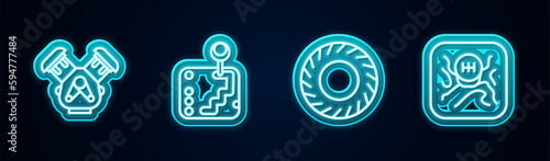 Set line Car engine, Gear shifter, tire and . Glowing neon icon. Vector