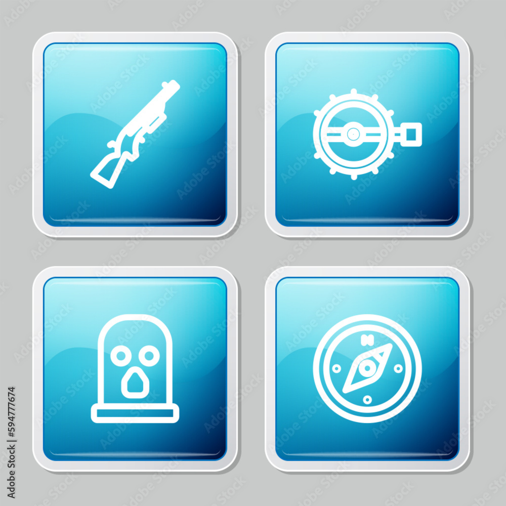 Set line Shotgun, Trap hunting, Balaclava and Compass icon. Vector Set line Shotgun, Trap hunting, Balaclava and Compass icon. Vector