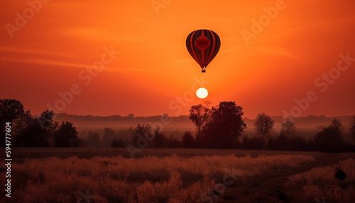 Flying hot air balloon embraces beautiful sunset generated by AI