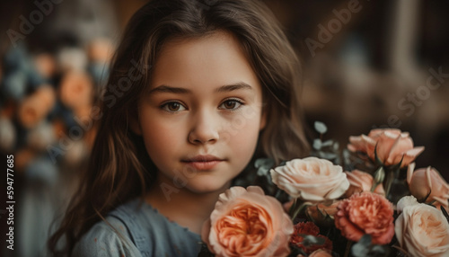 Cute little girl holding a flower bouquet generated by AI