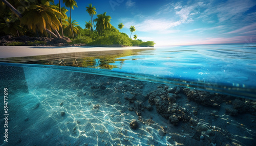 Tropical palm trees stand in tranquil turquoise water generated by AI