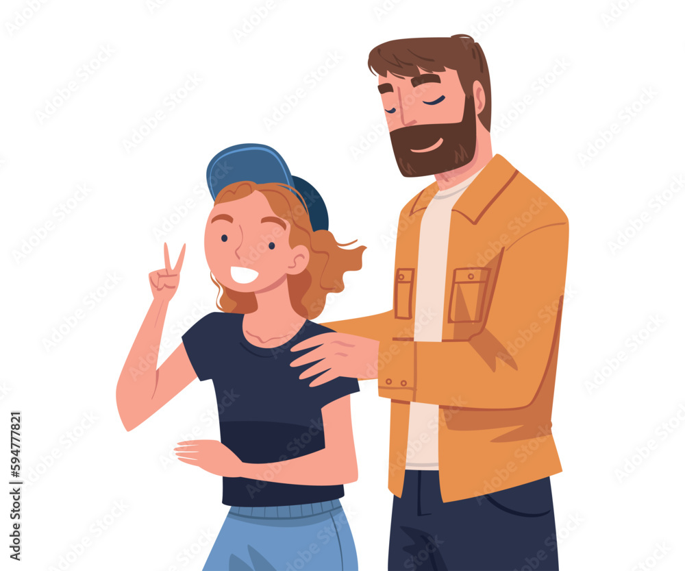 Happy Smiling Man Dad with Daughter Standing Together Vector Illustration