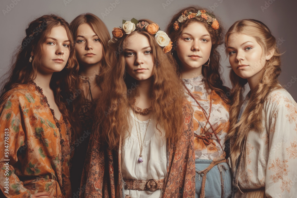 Fototapeta premium Portrait of a group of young beautiful women, dressed in the hippi clothes, Generative ai