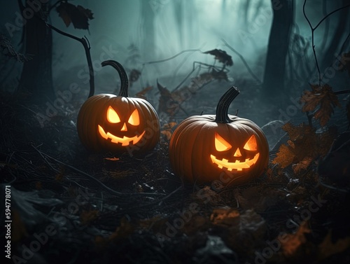 Glowing halloween pumpkins in misty forest created with Generative AI technology.