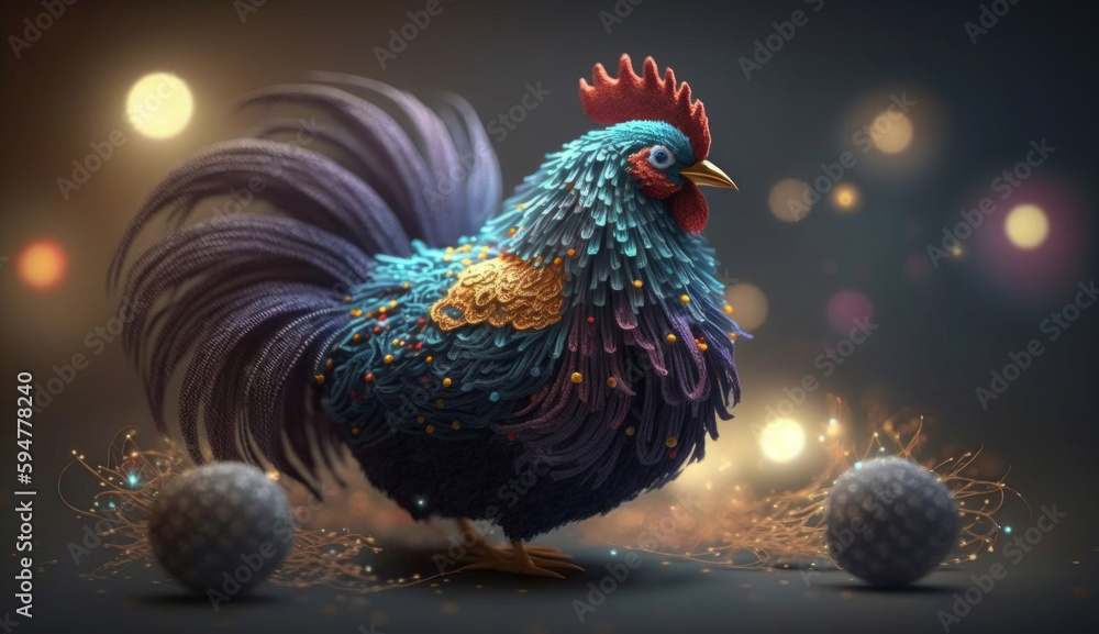 An exclusive expensive toy, a rooster sewn from luxurious yarn. Character of children's fairy tales and stories, birthday present. Created with AI.