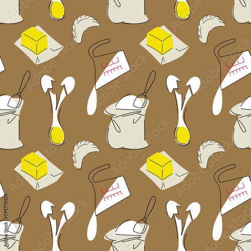 Seamless pattern of baking ingredients. Broken egg, butter, milk, flour on brown background. Cooking concept.