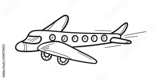 Airplane in doodle sketch lines. Cartoon childish style. Hand drawn vector illustration isolated on white background.