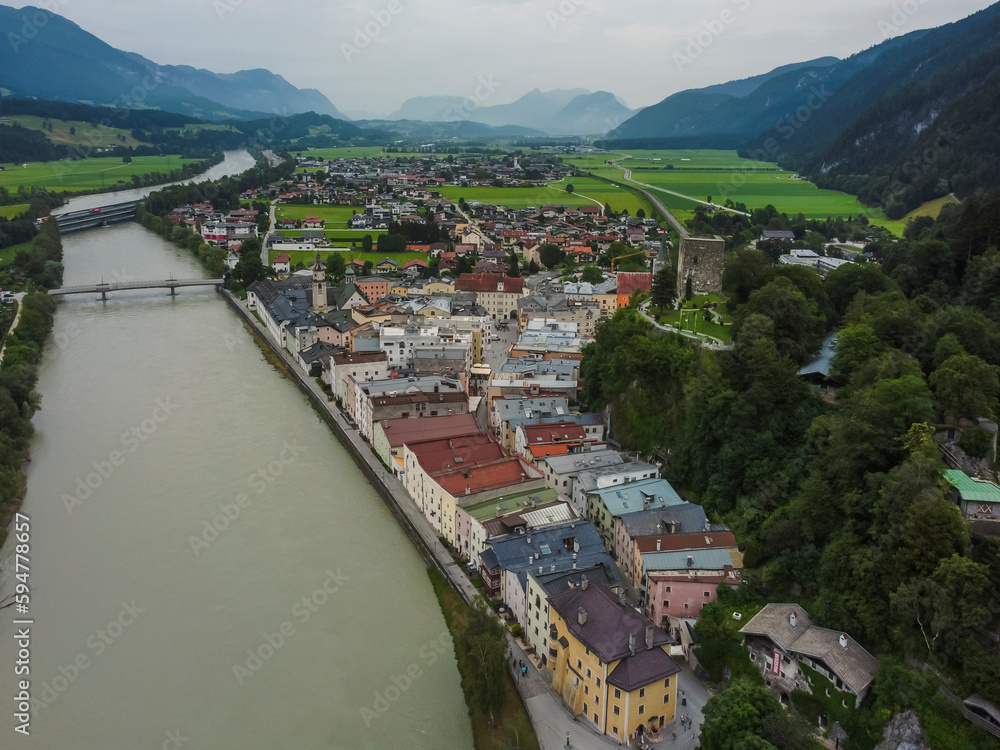 Aerial view Rattenberg town in Kufstein, Tirol. Austria by drone. Alps mountains. River Inn.