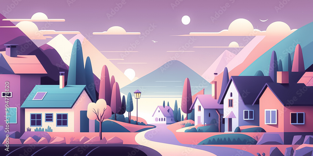Little town / Village / Landscape / mountains/ hollyday / Summer / sping / autumn / Winter / colorfull / Pastel colors / Moon / Sun / sunset / trees/ Sky / birds / road / Flat Design / Generative AI