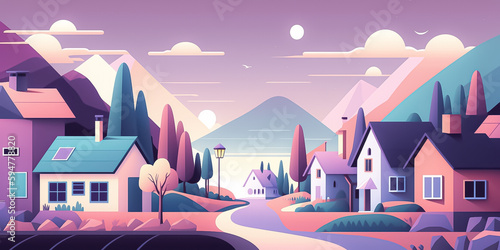 Little town / Village / Landscape / mountains/ hollyday / Summer / sping / autumn / Winter / colorfull / Pastel colors / Moon / Sun / sunset / trees/ Sky / birds / road / Flat Design / Generative AI photo