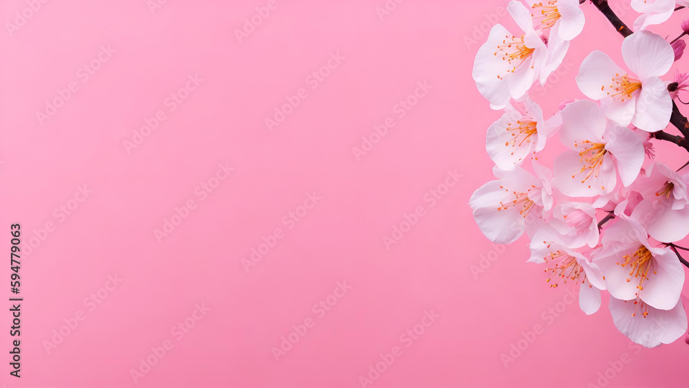 Fototapeta premium Abstract background of macro cherry blossom tree branch on pink background, copy space, birthday, mother's day, valentines day, wedding