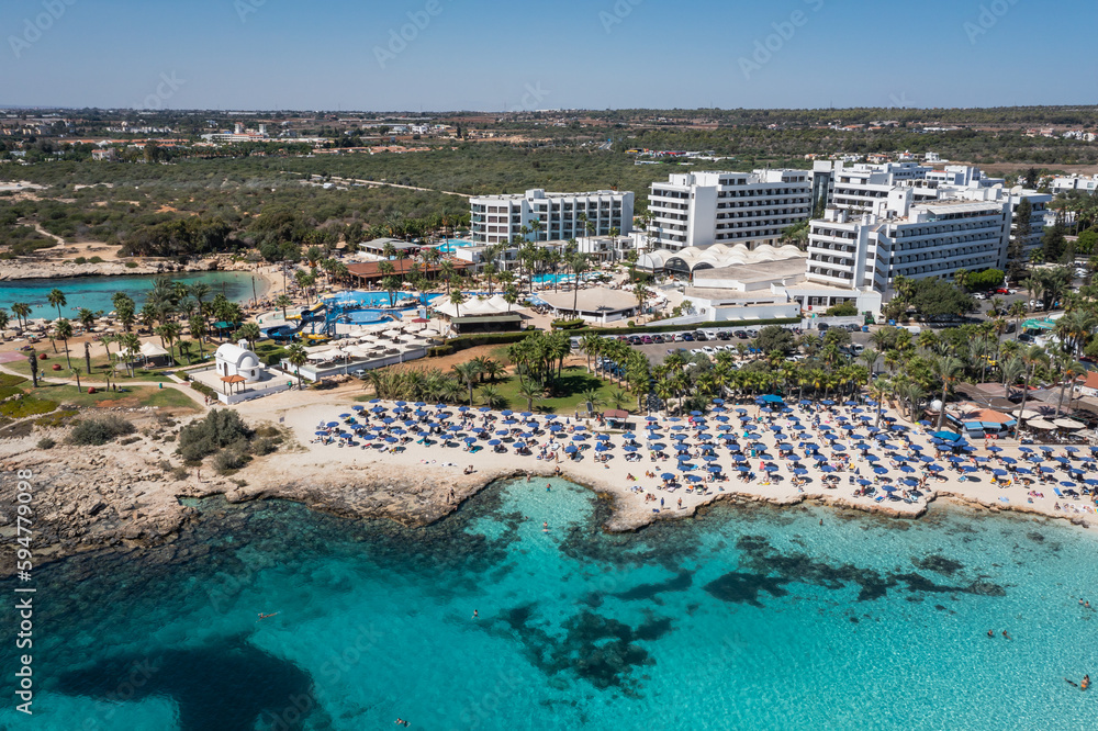 Drone photo of Nissi beach in Ayia Napa tourist resort, Cyprus