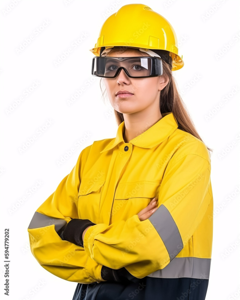 Young Female Oil Rig Worker, Construction worker, Electrician, Miner, Mine Worker, Engineer on White Background Young Female Oil Rig Worker, Construction worker, Electrician, Miner, Mine Worker, Engineer on White Background