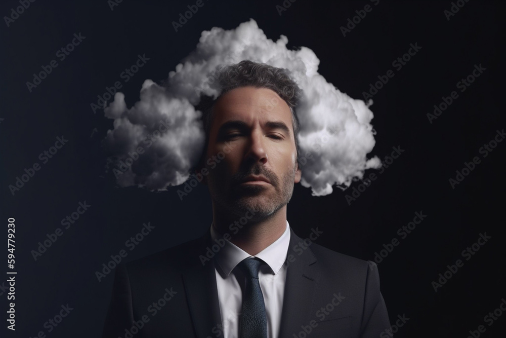 man with his head in cloud, the concept of severe stress at work. black background, created with Generative AI Technology man with his head in cloud, the concept of severe stress at work. black background, created with Generative AI Technology