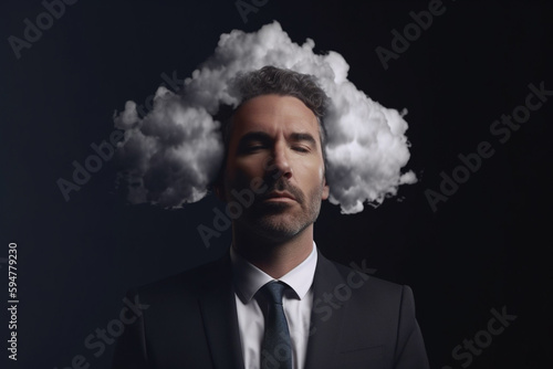 man with his head in cloud, the concept of severe stress at work. black background, created with Generative AI Technology
