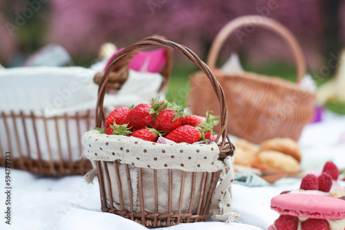 A mini basket of strawberries on a white blanket with green grass and variety dessert, snack about to picnic during spring with blurry pink cherry blossoms in background  