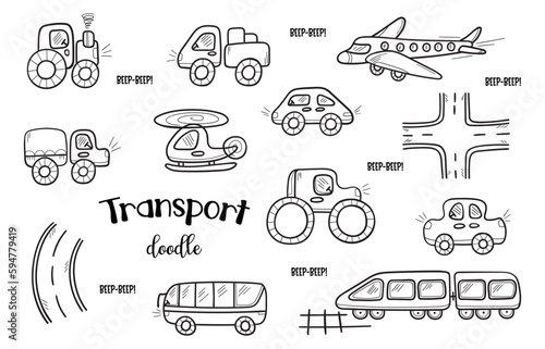 Set of funny transport in doodle sketch. Cartoon childish line art. Hand drawn vector illustration isolated on white background.