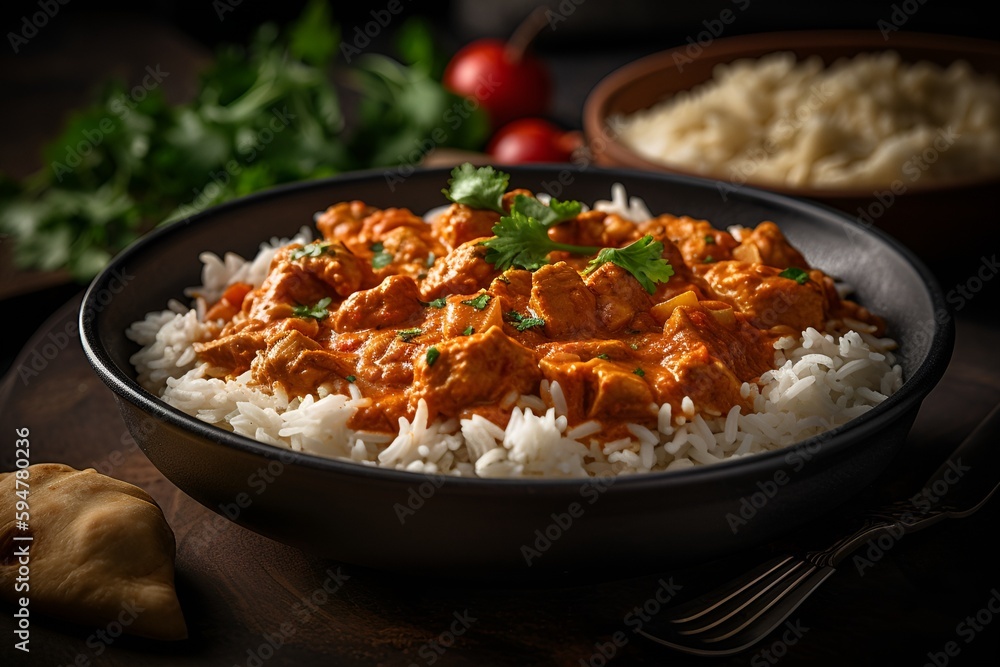 Chicken Madras, White Rice, Indian cuisine Chicken Madras, White Rice, Indian cuisine
