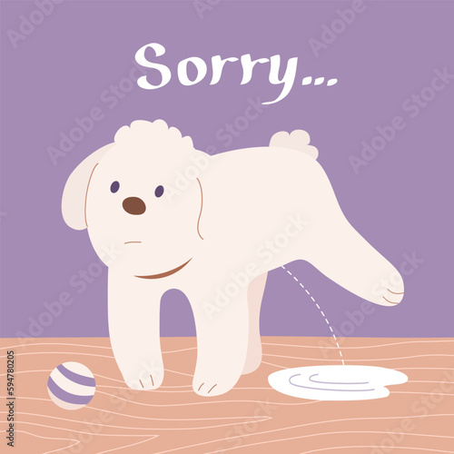 Little cute home dog pissing on the floor. Puddle of urine at home. Bad thing. Friendly funny pet. Text sorry. Flat vector illustration