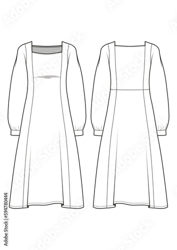 Womenswear square neck volume sleeve dress fashion technical drawing / flat sketch /CAD / ADOBE Illustrator vector digital download