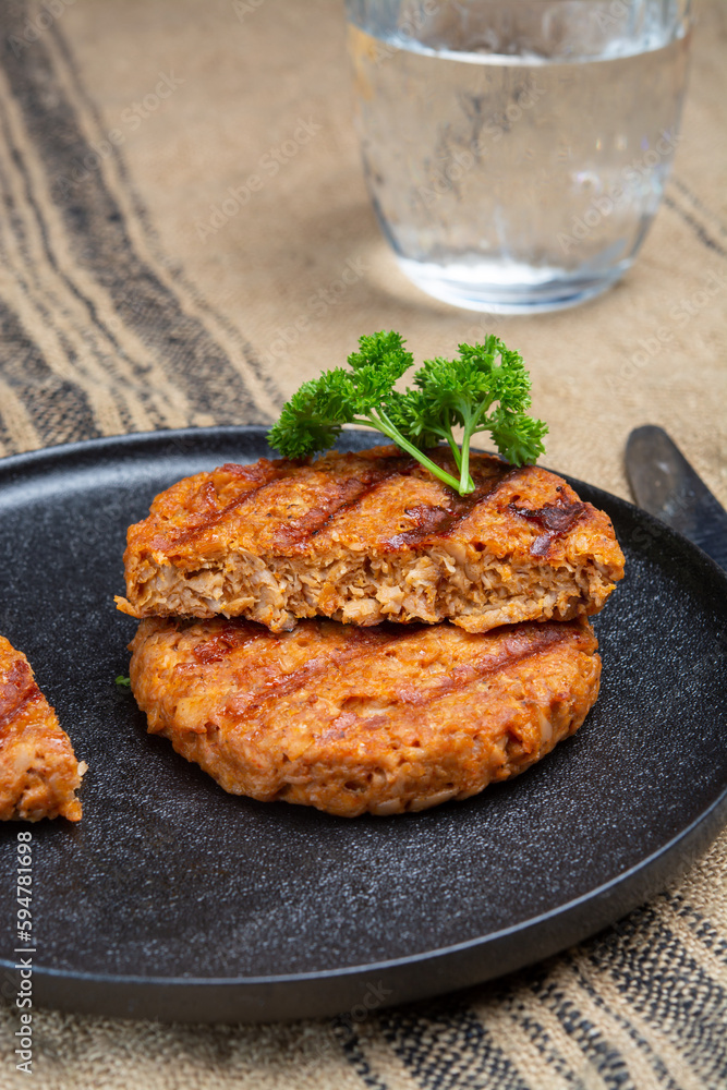Tasty vegan burgers made from vegetarian plant based soya beans imitation meat Tasty vegan burgers made from vegetarian plant based soya beans imitation meat