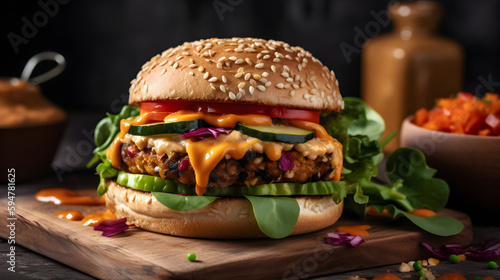 Healthy vegetarian burger with falafel cutlet on a chopping board. Generative AI.