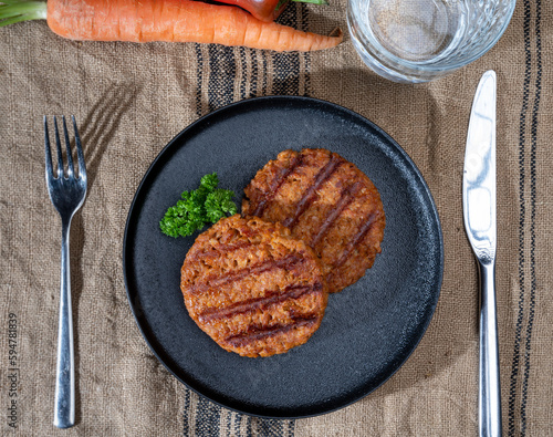 Tasty vegan burgers made from vegetarian plant based soya beans imitation meat photo