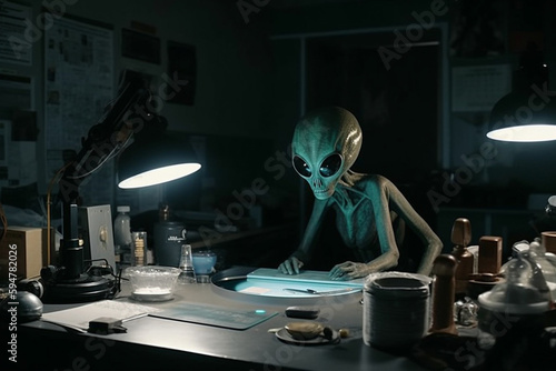 Lab alien at Area 51 studying materials or conducting scientific research to help humanity. Friendly extraterestrial being in the laboratory helping humans evolve. Ai generated photo