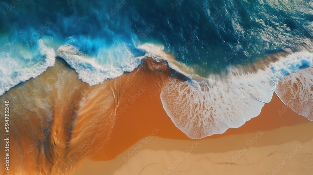 Orange sandy beach and turquoise sea waves roll on shore, AI generative illustration of coastline from above Orange sandy beach and turquoise sea waves roll on shore, AI generative illustration of coastline from above