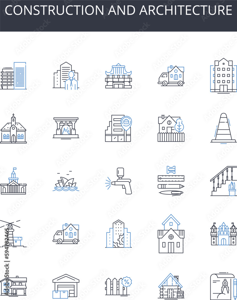 Construction and architecture line icons collection. Building, Design, Engineering, Blueprint, Structure, Drafting, Composition vector and linear illustration. Framework,Plan,Foundation outline signs
