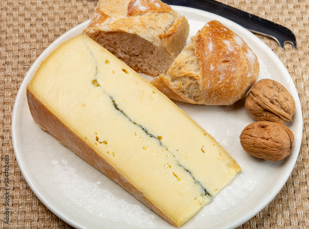 Cheese collection, French Morbier semi-soft cow milk cheese with black mold layer Cheese collection, French Morbier semi-soft cow milk cheese with black mold layer
