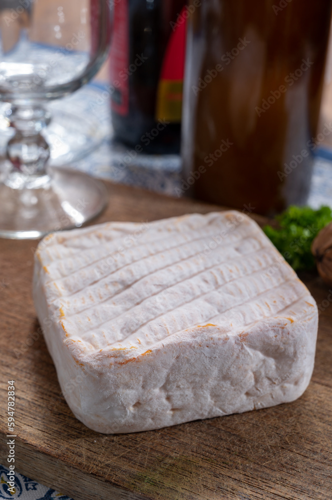Cheese and beer pairing, Belgian beer and soft cow milk yellow cheese with white mold from Bruges Cheese and beer pairing, Belgian beer and soft cow milk yellow cheese with white mold from Bruges