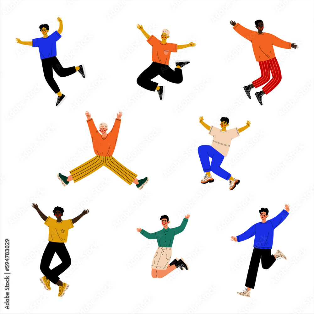 Happy Man Jumping with Joy and Excitement Feeling Energy and Celebrating Something Vector Set Happy Man Jumping with Joy and Excitement Feeling Energy and Celebrating Something Vector Set