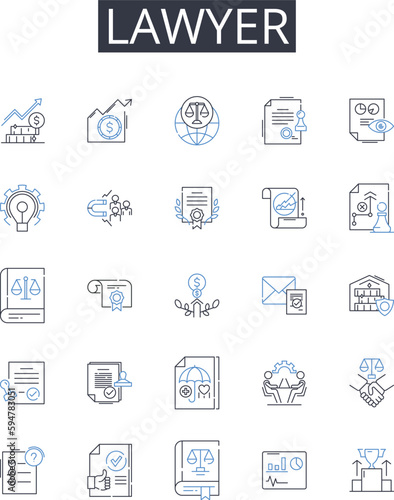 Lawyer line icons collection. Attorney-at-Law, Counselor-at-Law, Legal Advisor, Advocate, Legal Practitir, Barrister, Jurist vector and linear illustration. Solicitor,Counsel,Legal Expert outline