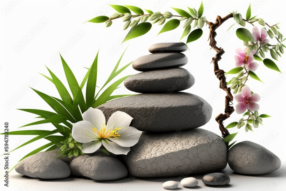 Obraz premium spa still life with stones and orchid, isolated on white rocks stacked atop, vibrant color gradients, naturalistic zen treatment, massage relaxation balance, meditation background, generative ai