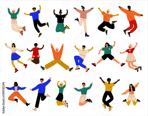 Happy People Character Jumping with Joy and Excitement Feeling Energy and Celebrating Something Vector Big Set