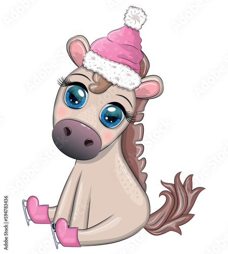Cute horse, pony in Santa's hat with candy kane, Christmas ball, gift, ice skating. Winter, Christmas