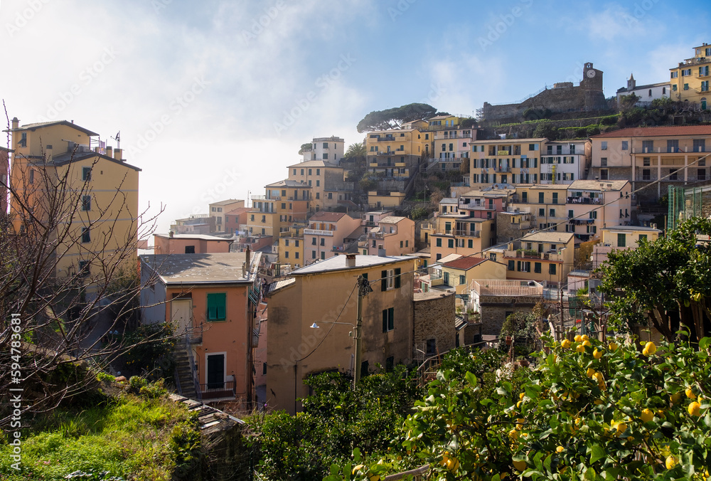 View of the colorful houses along the coastline of Cinque Terre area in Riomaggiore, Liguria, Italy